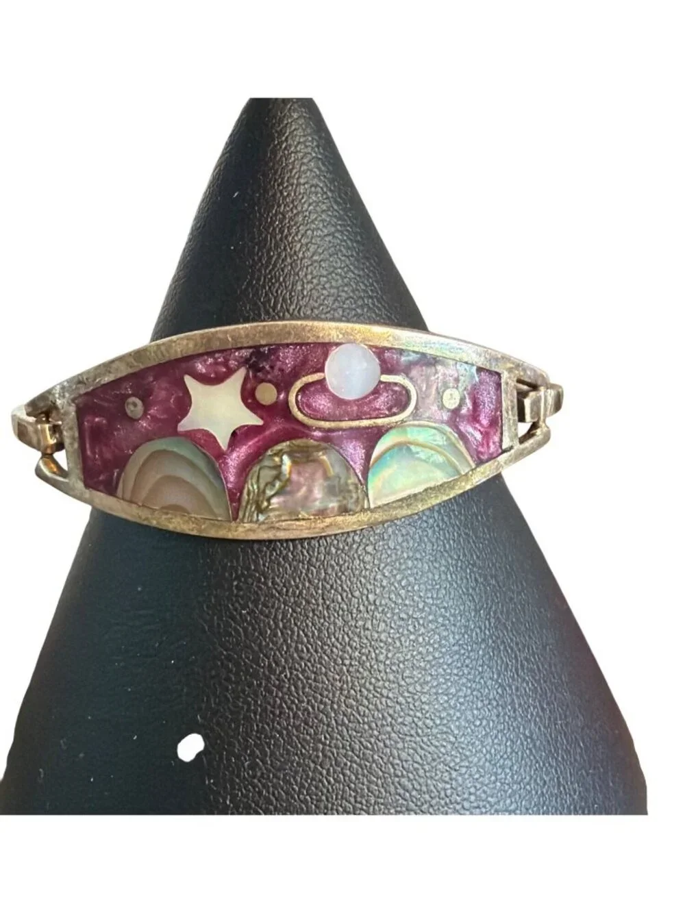 Vintage Alpaca Mexico Hinged Bracelet Abalone Inlay Purple Celestial Moon Stars